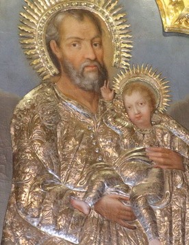 Obraz św. Józefa w bocznym, barokowym ołtarzu w Oborach. Jest on przedstawiony z Dzieciątkiem Jezus na ręku, w drugiej dłoni trzyma laskę patriarchy.